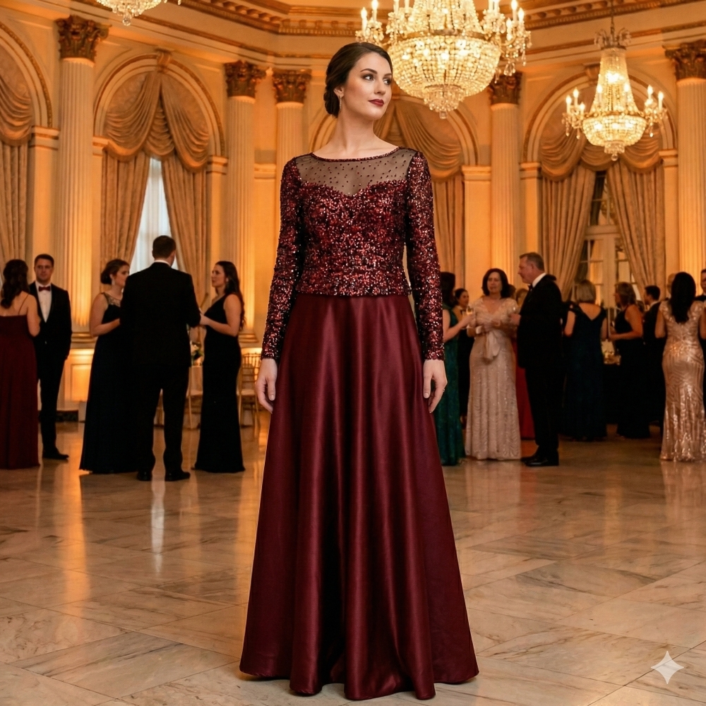 NWT Vintage Cassandra Stone Size 8 Deep Burgundy & Black Sequin Illusion Gown